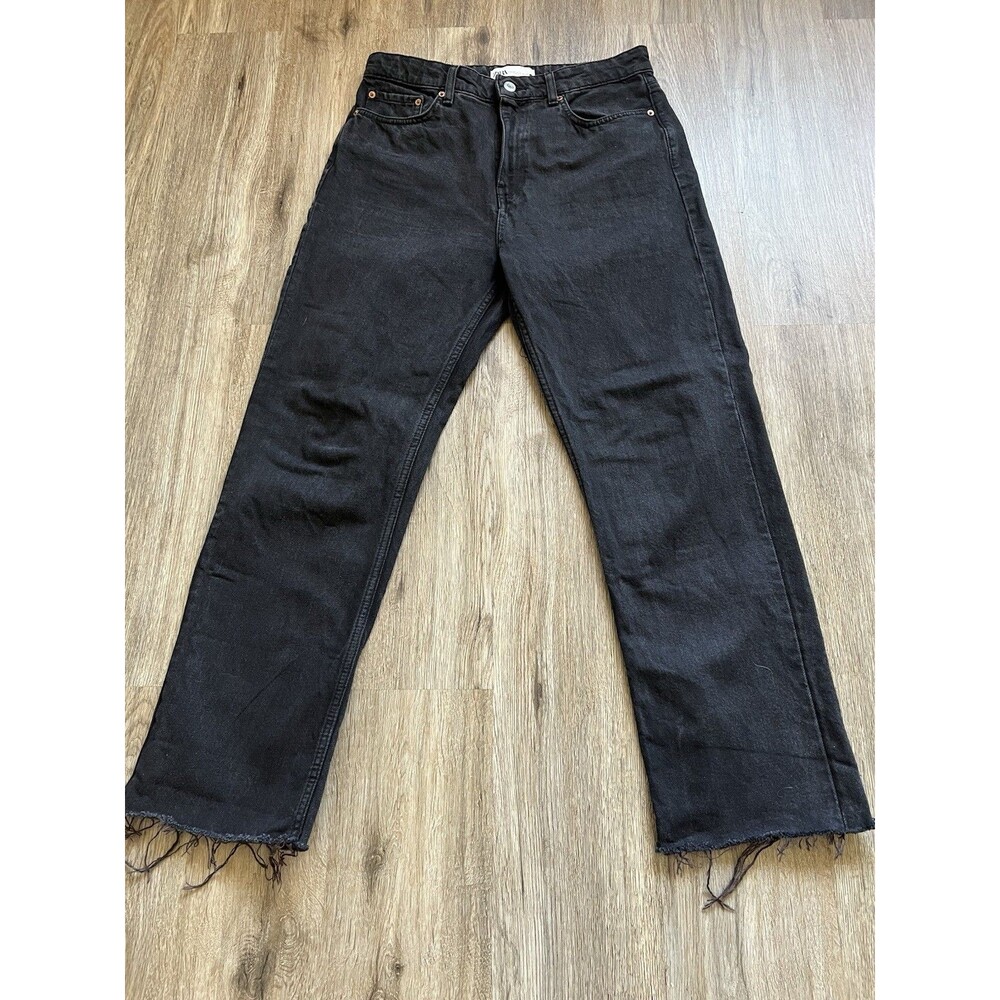 Zara High Rise Wide Straight Leg  Jeans Black Size 8 Women's Raw Hem